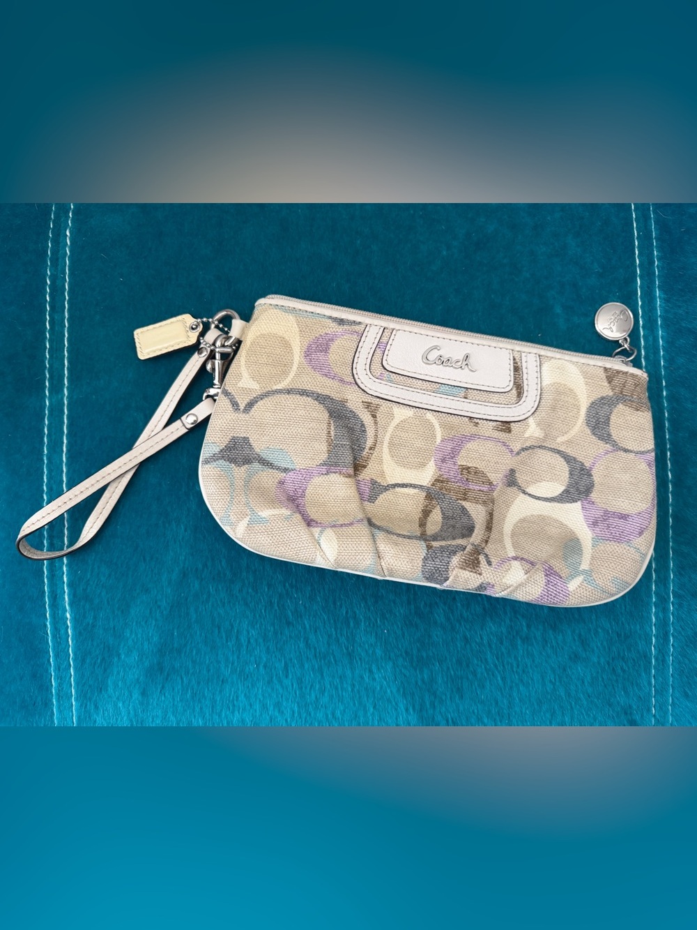 Coach Signature Canvas Wristlet - Neutral with Purple Accents